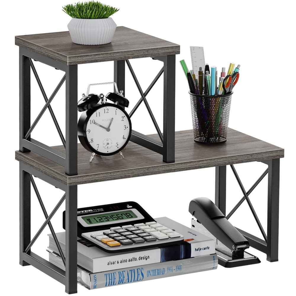 Desk Shelf for Top of Desk, Wood Desktop Shelf, 2 Tier Adjustable Bookshelf O...