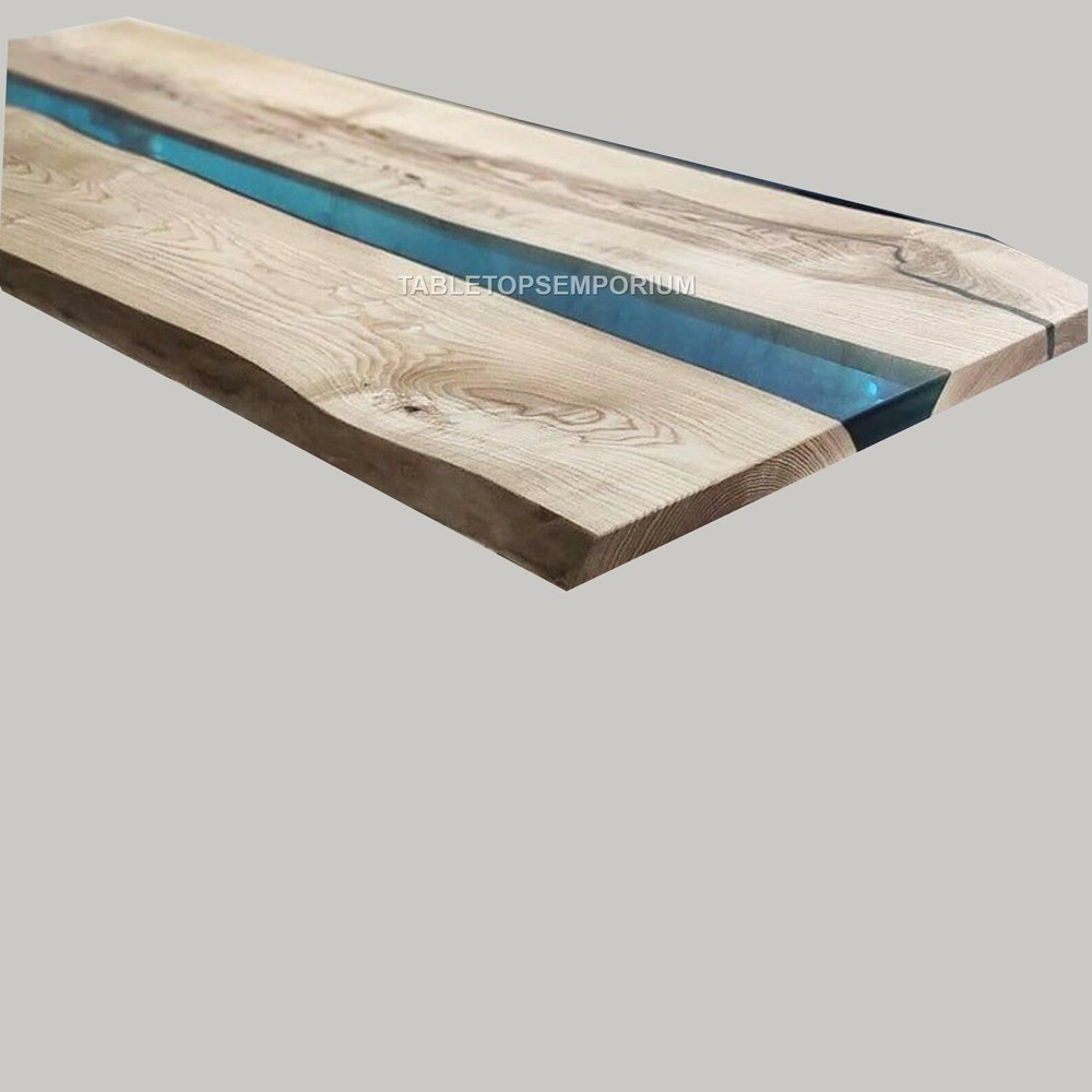 Black Epoxy Resin Table Top with Acacia Wood Decorative Accents