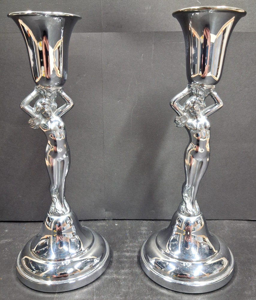 2 Vintage Art Deco Nude Candlestick Holders By Farber Bros. Krome Kraft
