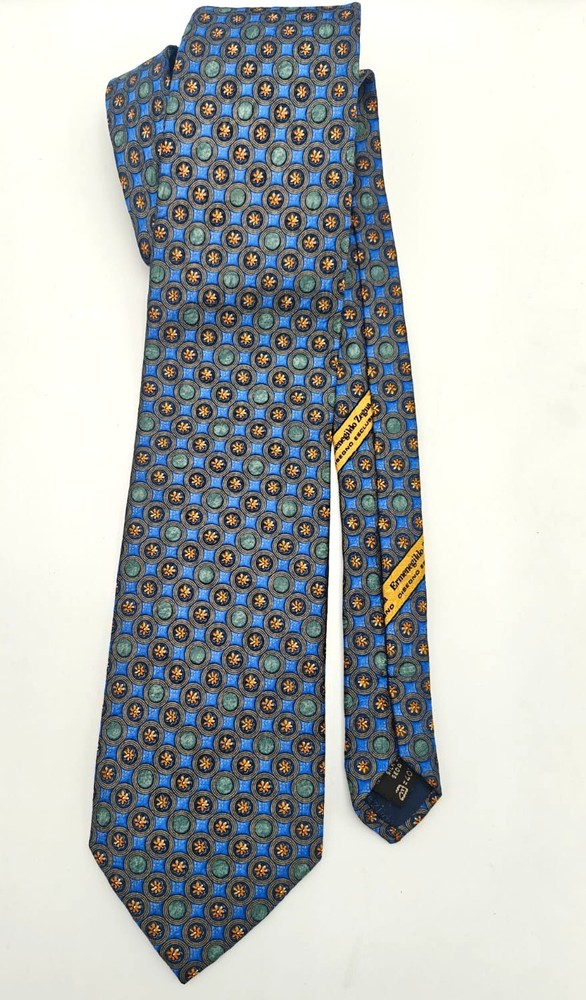 Ermenegildo Zegna Silk Tie Blue Green Gold Medallion Geometric Floral Italy Luxu