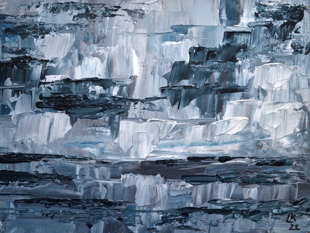 Abstract Seascape Painting Textured Layers Gray Black White Canvas Artwork
