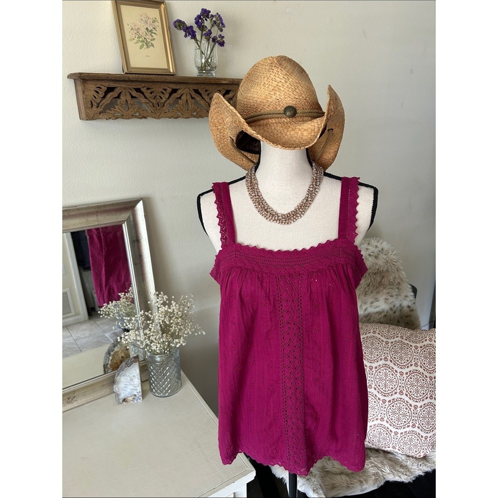 Sundance plum magenta eyelet cotton boho western cottage tank top S oversized
