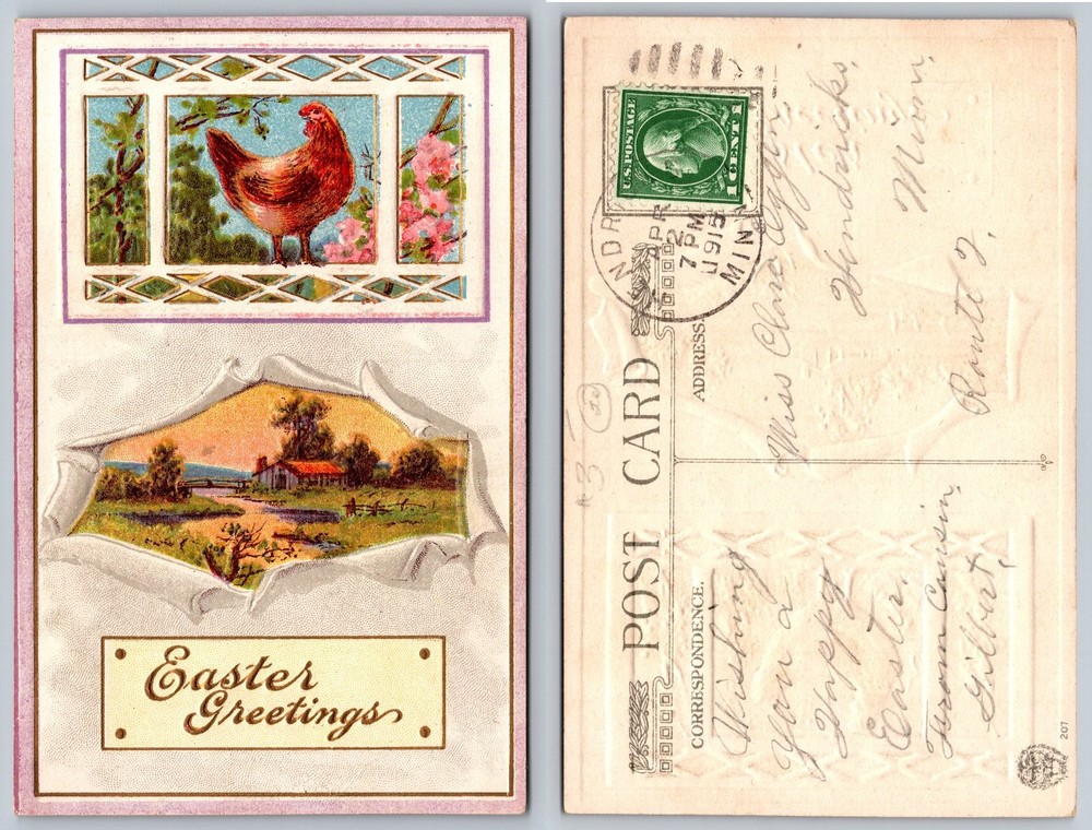 1913 Easter Greetings Postcard Hendricks Minnesota Chicken Rural Scene Embossed