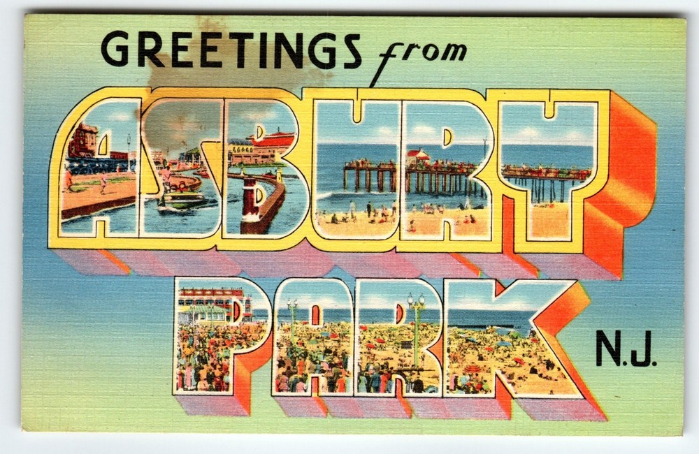 Vintage Greetings from Asbury Park NJ Large Letter Linen Postcard Pier Beach