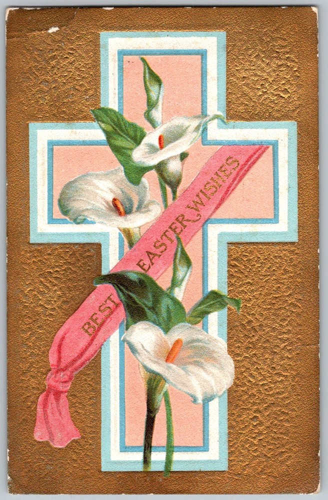 Antique Postcard Easter Cross Calla Lilies 1910s