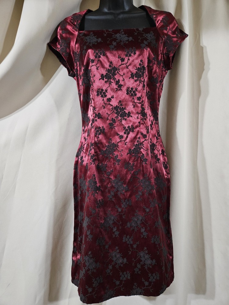 CDC Burgundy Floral Brocade Dress USA Square Neck Cap Sleeve Sz 4 Whimsigoth