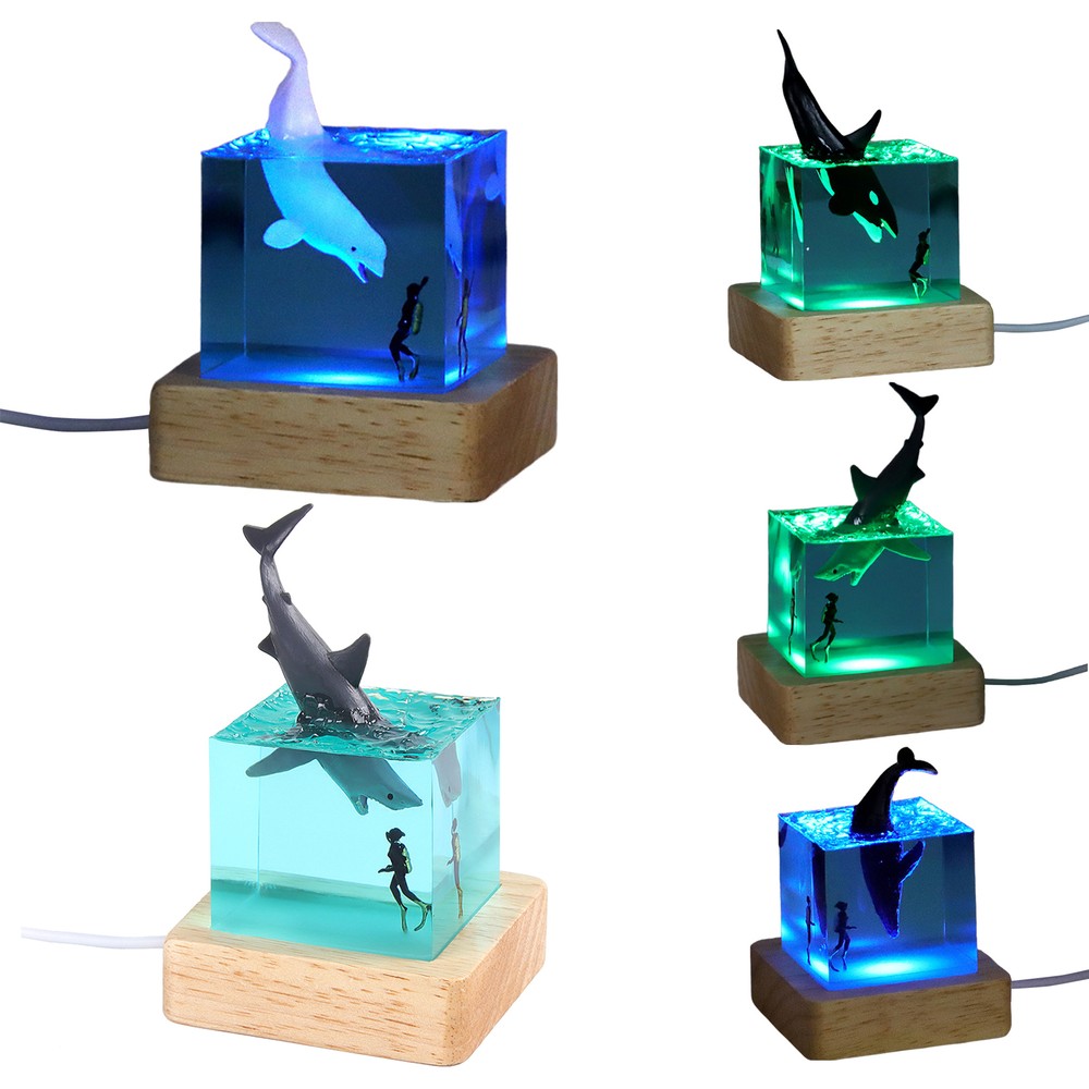 Cube Ocean LED Night Light Shark Diver Decoration Whale Epoxy Resin Desktop Lamp