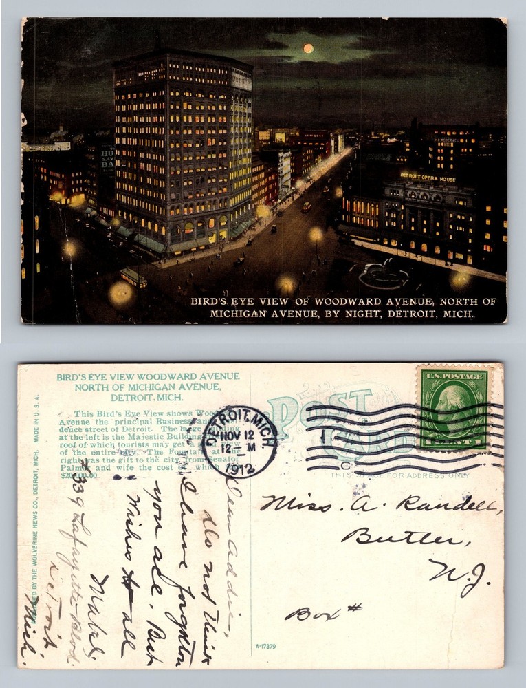 Detroit, MI-Michigan, Woodward at Night Busy Scene c1912 Vintage Postcard