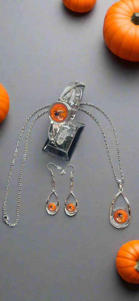 Creepy Crawler Spider Halloween Silver Necklace, Bracelet & Earrings Snap Button