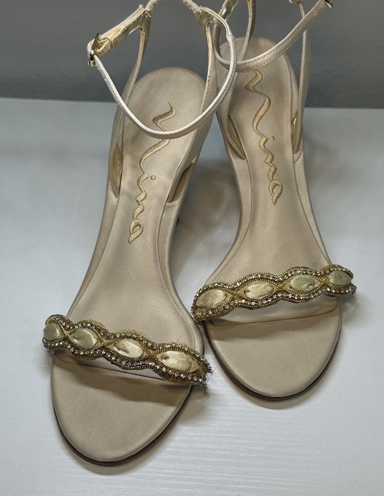 Nina Heels Womens 8M Beige Gold Rhinestone Genuine Leather Open Toe Adjustable