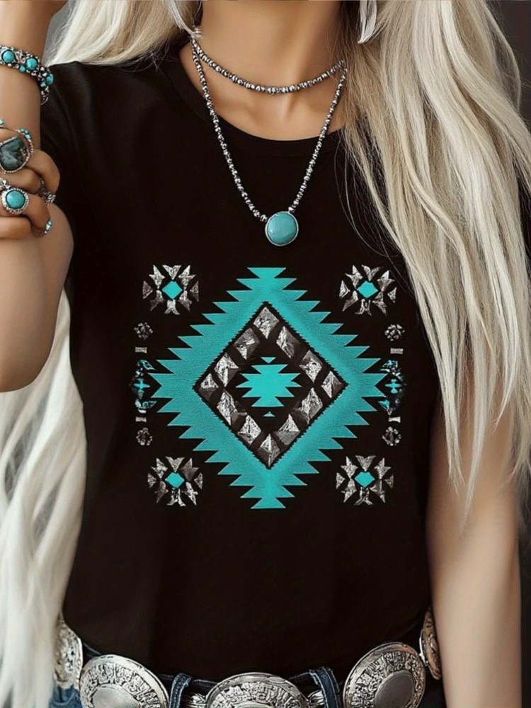 Women Southwestern Turquoise Diamond Graphic T-Shirt Casual Summer Tee