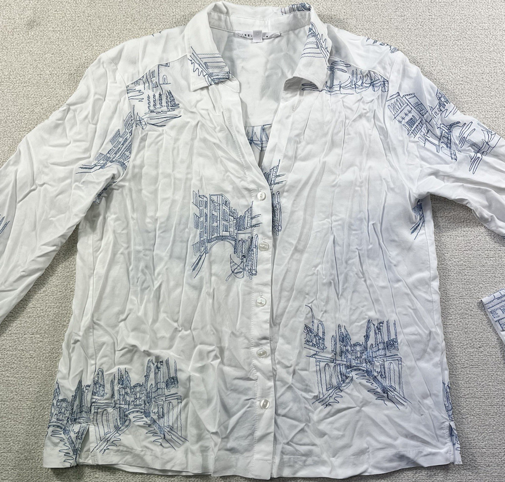 Jane & Delancey Button Up Blouse Womens Medium White Blue Venice FR Embroidery