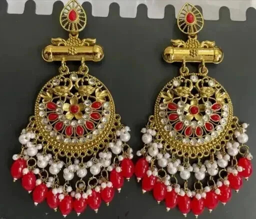 Kundan Chandbali Pearl Drop Traditional Gold Plated Indian Jewelry Earrings Set