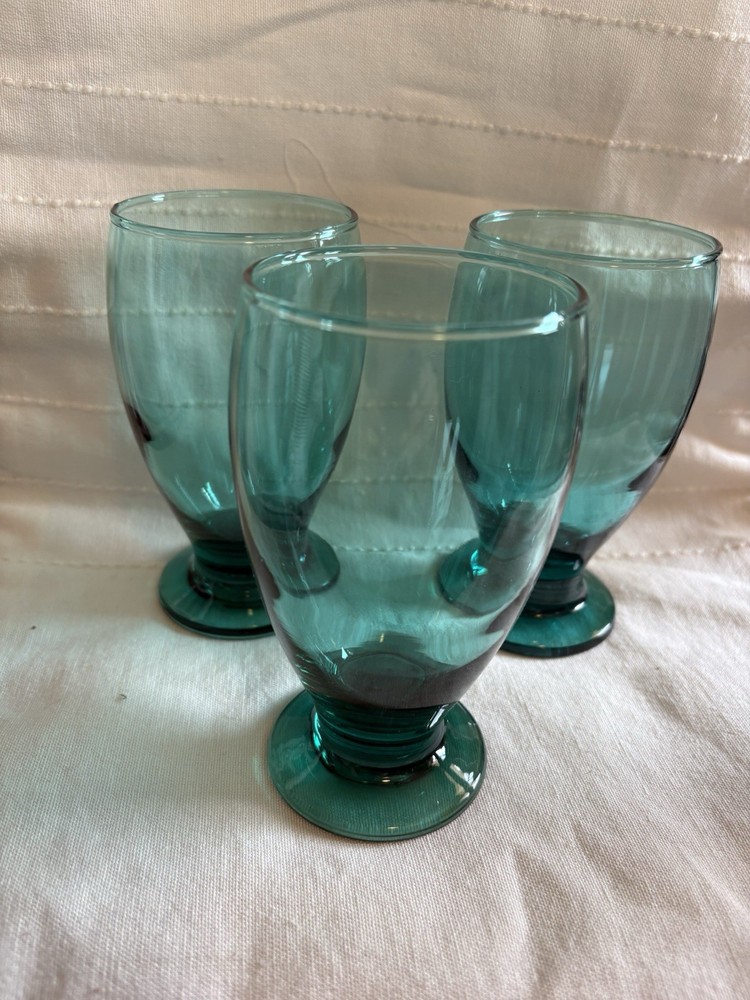 Set of 3 Vintage Libbey Juniper Teal Footed Drinking Glasses MCM Home Decor 5.25