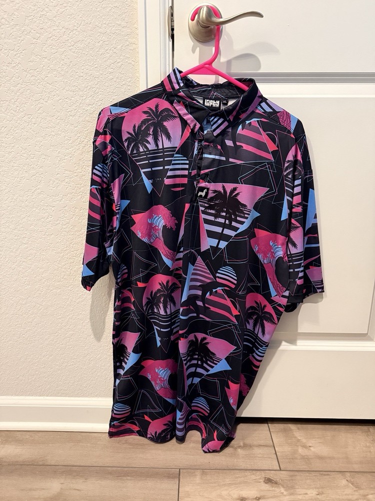 Lofty Men’s XL Black Pink Blue Geometric Palm Tree Short Sleeve Button-Up Shirt