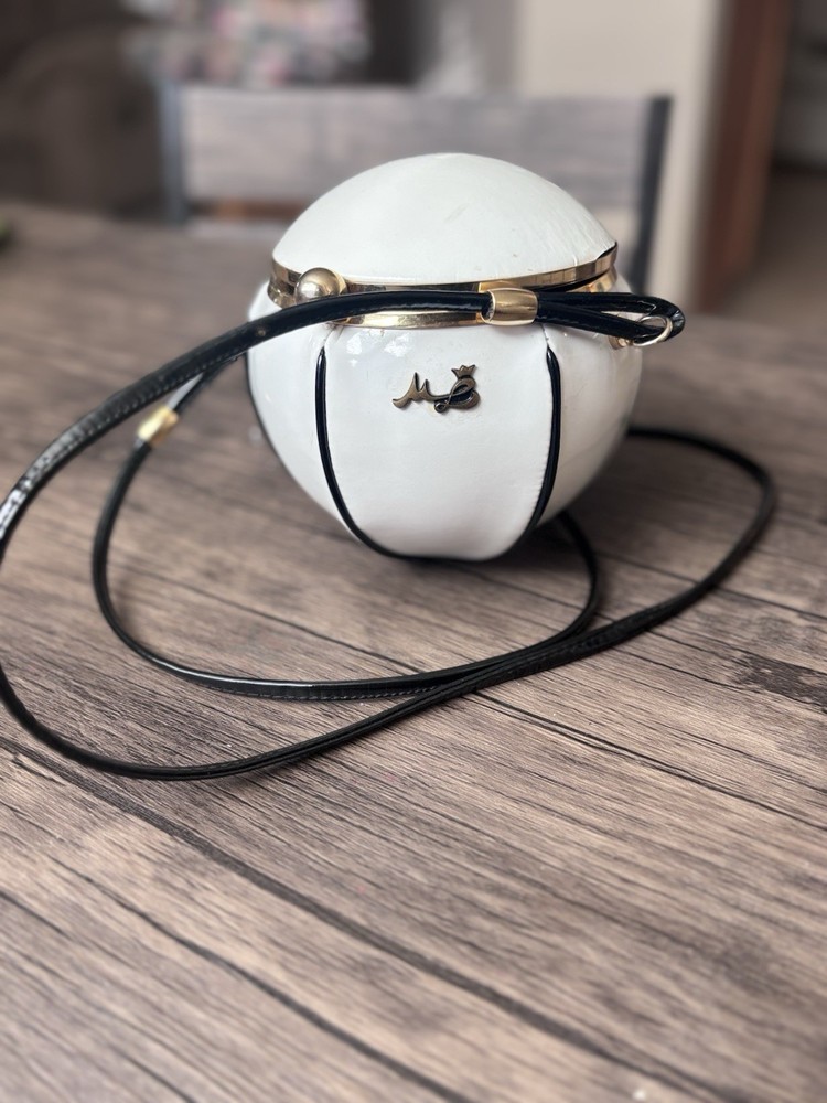 Vintage 1970S White Spherical Novelty Purse Gold Hardware, Black Leather Strap