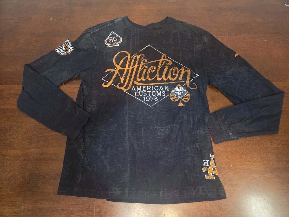 Affliction American Customs Shirt Mens M Black Long Sleeve Motorcycle Skulls