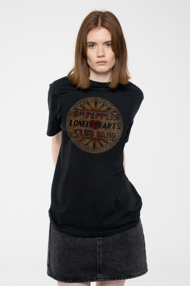 The Beatles T Shirt Vintage Drum Head Sgt Pepper Logo Official Mens New Black
