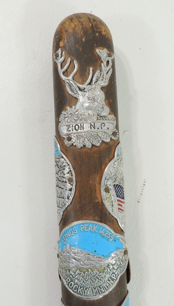 Vintage Hiking Stick Diamond Willow w 23 National Park Medallions Grand Canyon