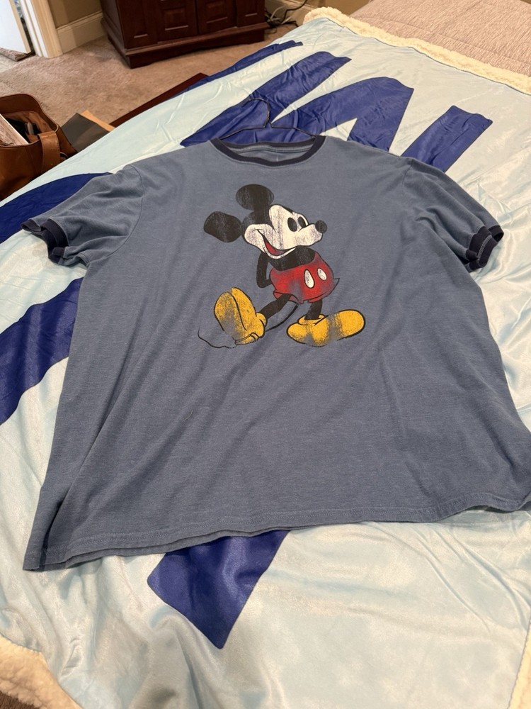 Disney Parks By Hanes Mickey Mouse Distressed Ringer T-Shirt Blue Mens XL