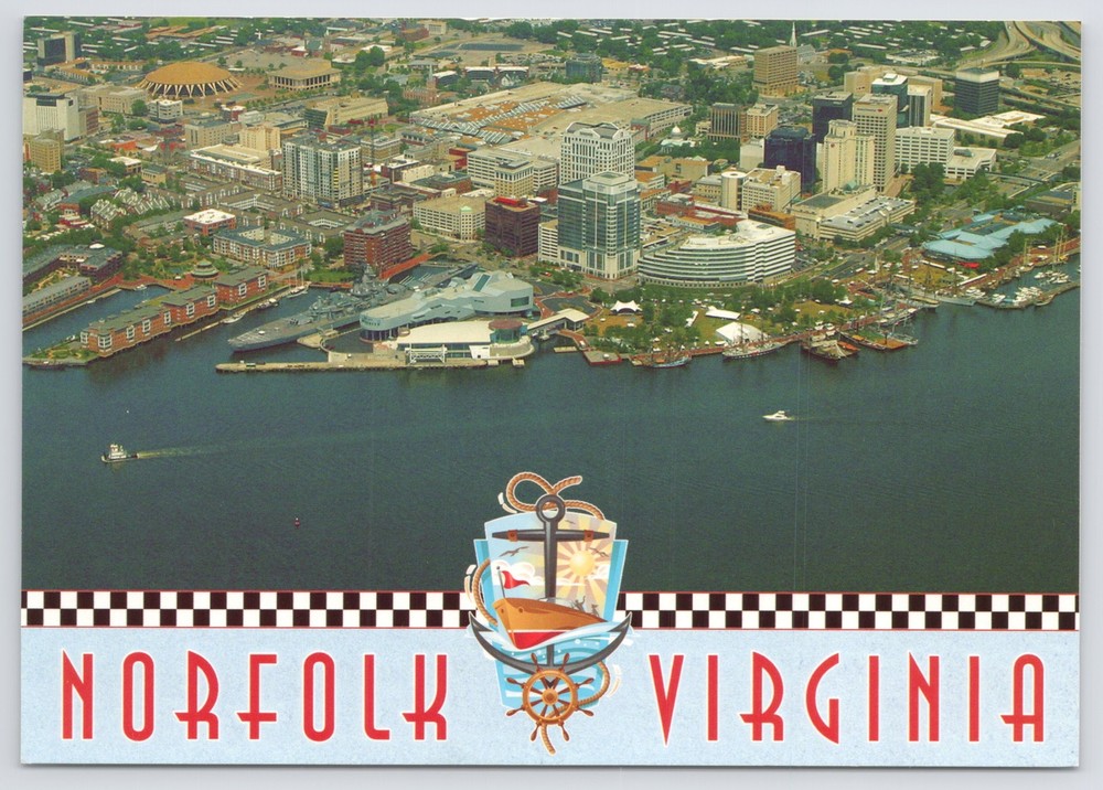 Norfolk Virginia~Air View City Battleship River & Seal~Continental Postcard