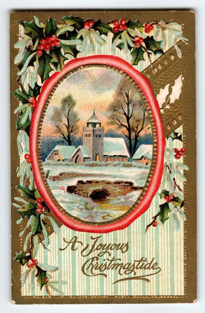 Vintage Embossed Christmas Postcard Snowy Church & Holly Berries
