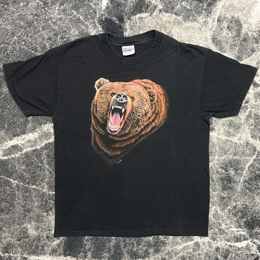 Vintage Bear Shirt Mens Large 90s Nature Jim Morris Animals Art Grizzly Black