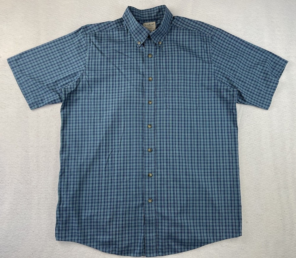 L.L. Bean Men’s Large Traditional Fit Short Sleeve Blue Plaid Button Down Shirt