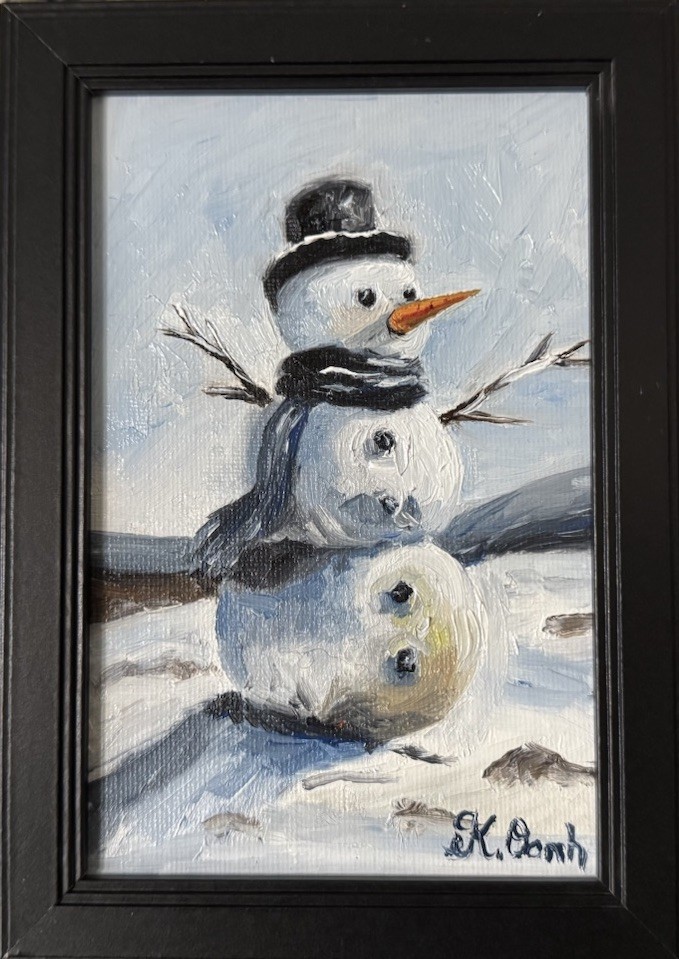 ORIGINAL OIL PAINTING SNOWMAN CHRISTMAS WINTER SNOW LANDSCAPE SIGNED FRAMED 4x6