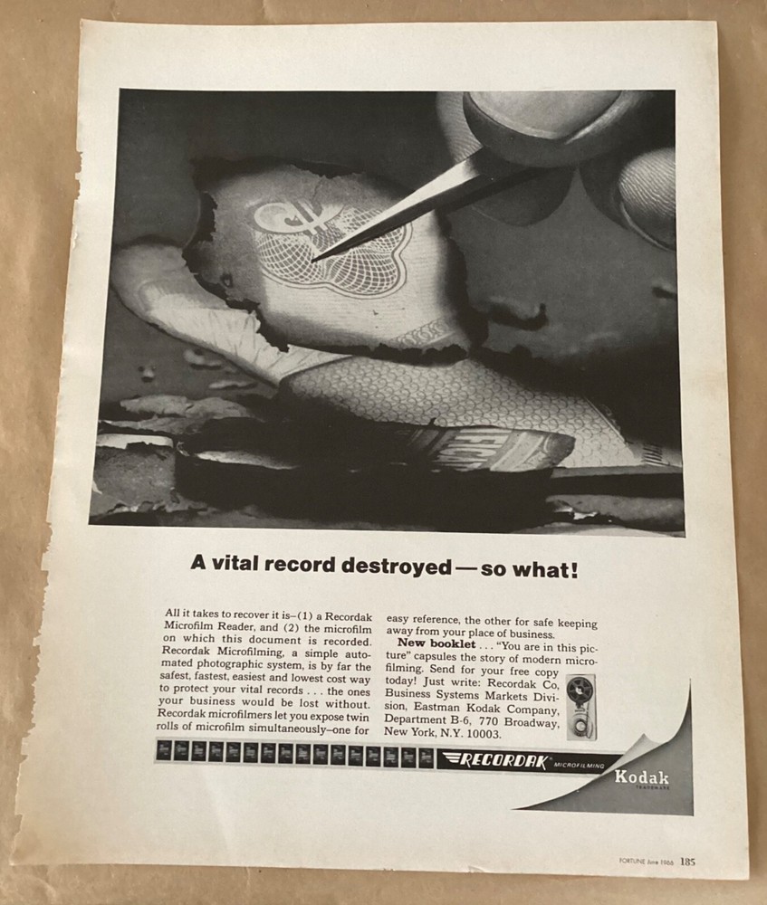 Kodak Recordak print ad 1966 orig vintage 1960s business microfilm reader film