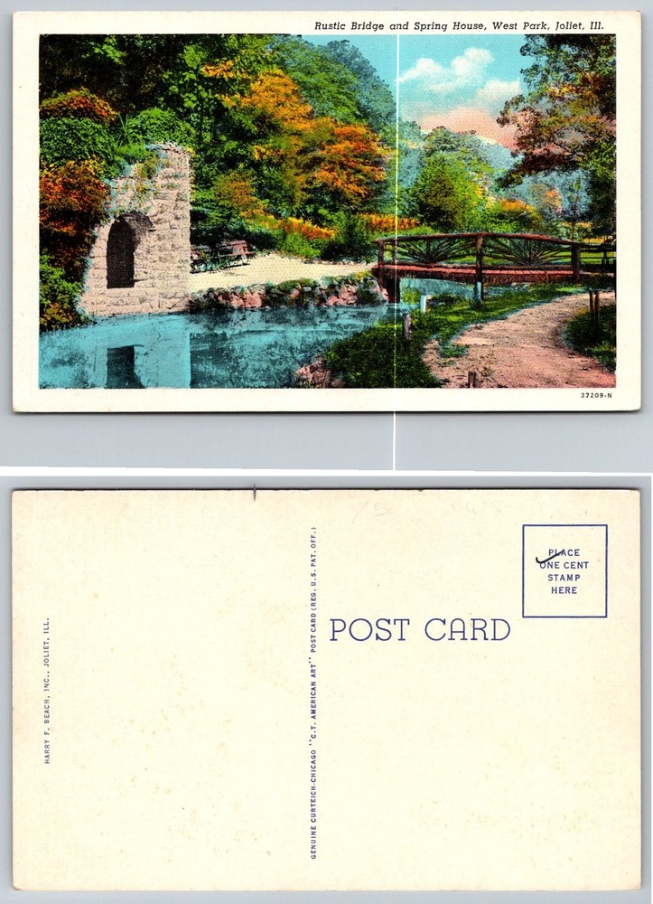 Rustic Bridge Spring House West Park Joliet Illinois Linen Postcard
