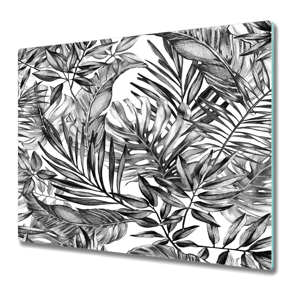 Tempered Glass Chopping Board Black Monstera Exotic Illustration Vintage Leaf
