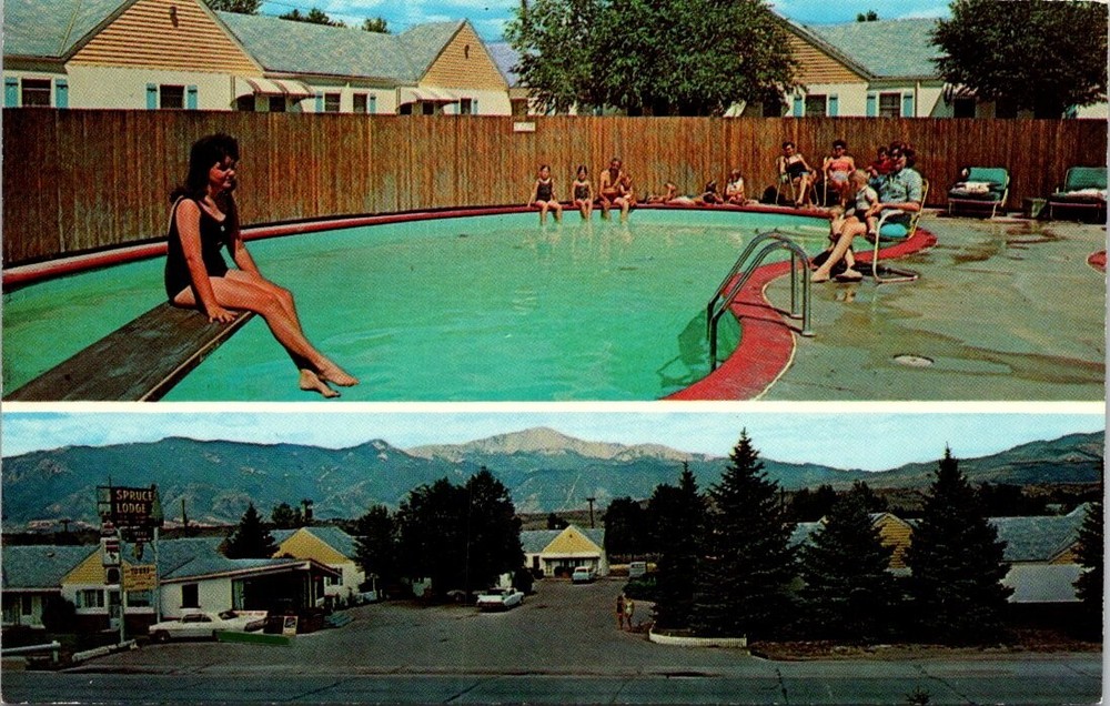 c1960 Spruce Lodge Motel Pool Coffee Phone Colorado Springs Vintage Postcard