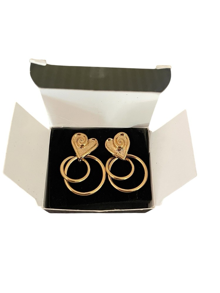 Vintage Hearts Hoops Avon Pierced Golf Toned Earrings