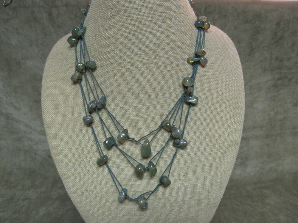 Vintage Rough Tumbled Green Jade Stone Rock Necklace Hand Knotted Design