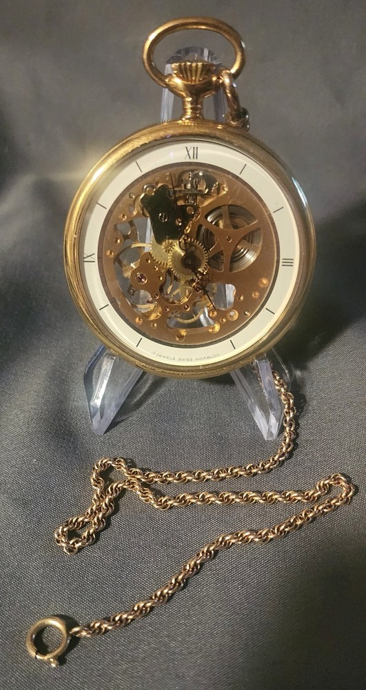 NEW YEARS MEN'S SKELETON POCKET WATCH,incabloc, mechanical,17J swiss unitas 6497