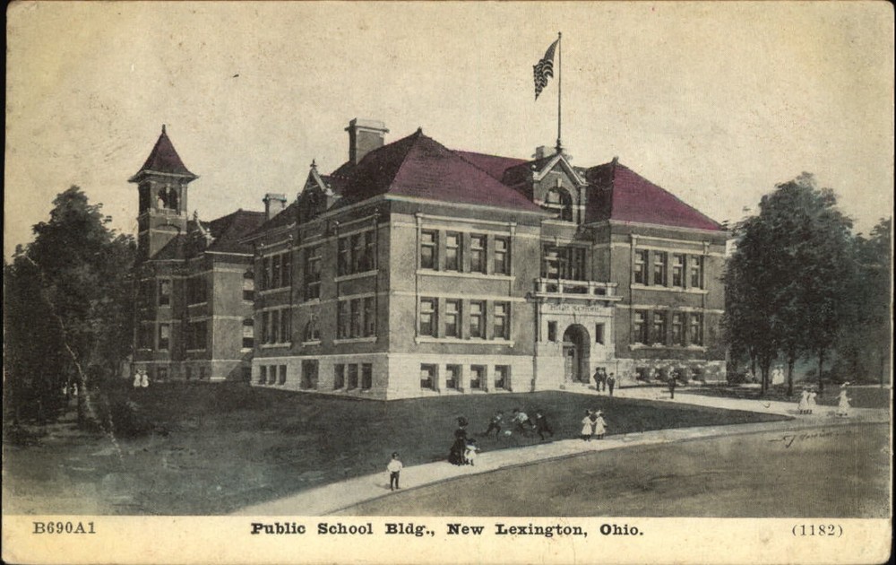New Lexington Ohio Public School building flag mailed 1909 vintage postcard