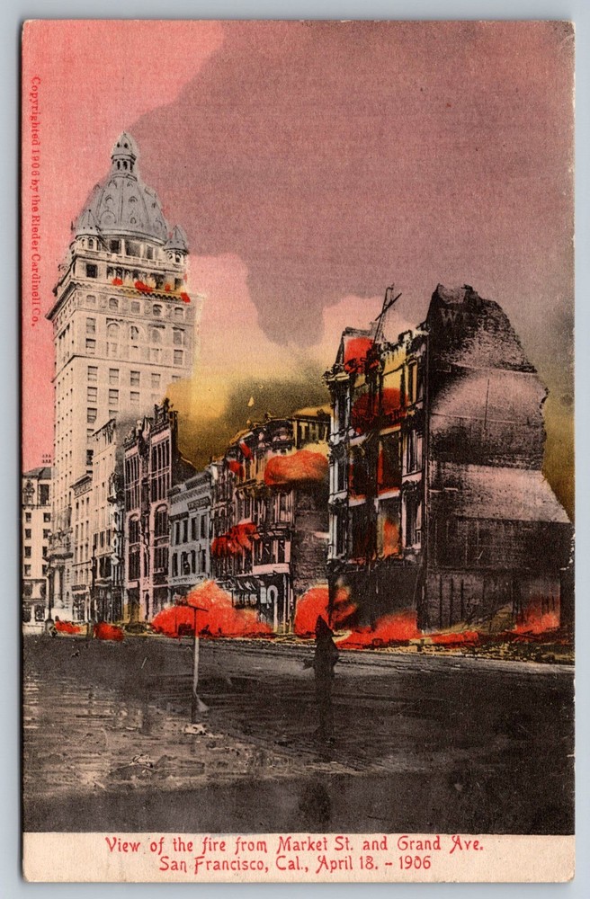 Postcard San Francisco CA View Of The Fire From Market St. And Grand Ave c1906
