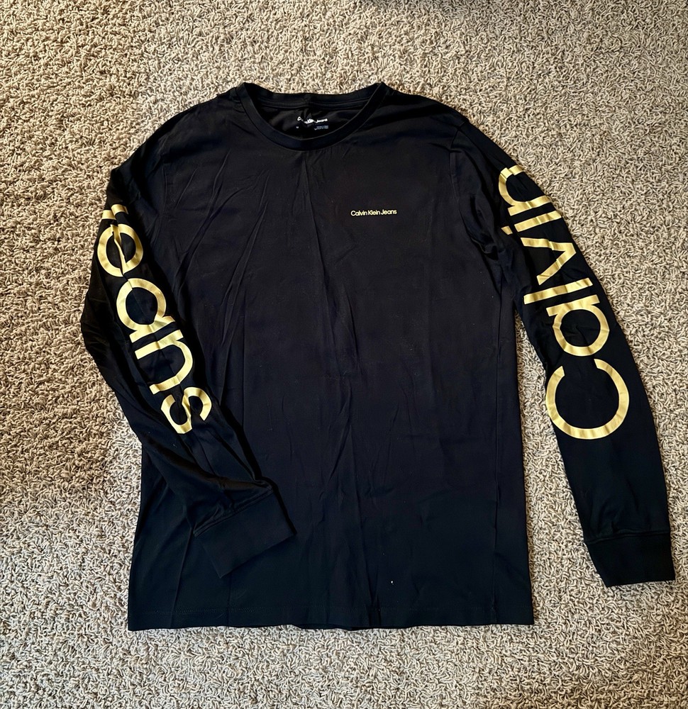 Calvin Klein Men's Black Long Sleeve Crew Neck Gold Logo T-Shirt Cotton Medium