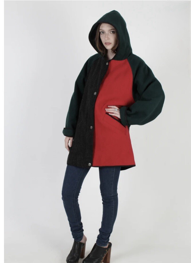 Vintage 80s Woolrich Wool Color Blocked Winter Cost W/ Hood Made in USA Medium