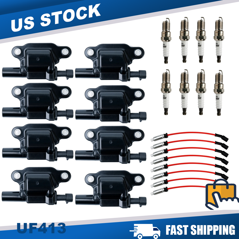 8X OEM Ignition Coil & Iridium Spark Plugs & Wires For Chevy GMC 5.3 6.2L UF413