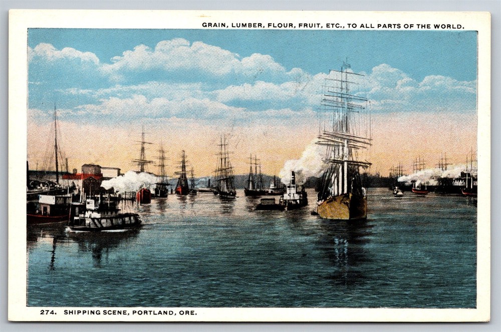 Harbor Scene Ship Steamer Sail Loading Docks Portland Oregon C1920 Postcard H13