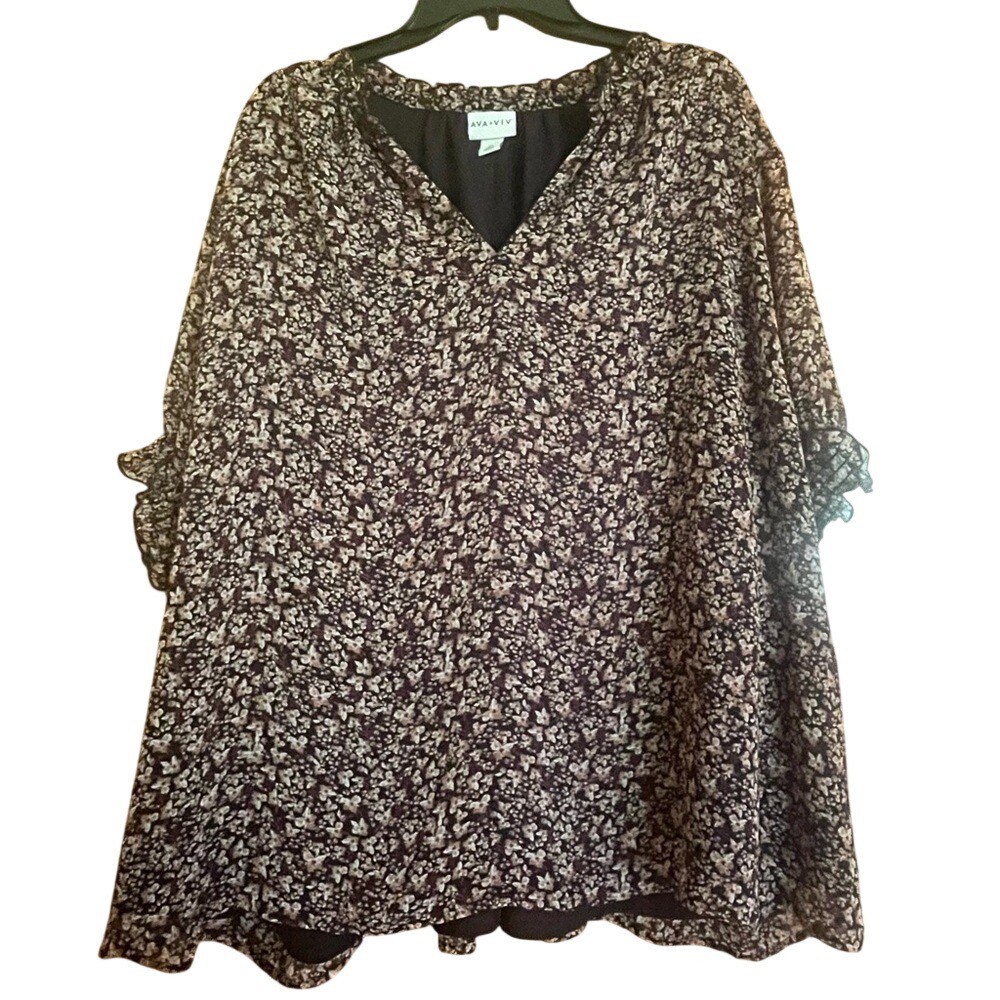 Ava & Viv Women's 3X Floral V-Neck Ruffle Flutter Sleeve Blouse Black