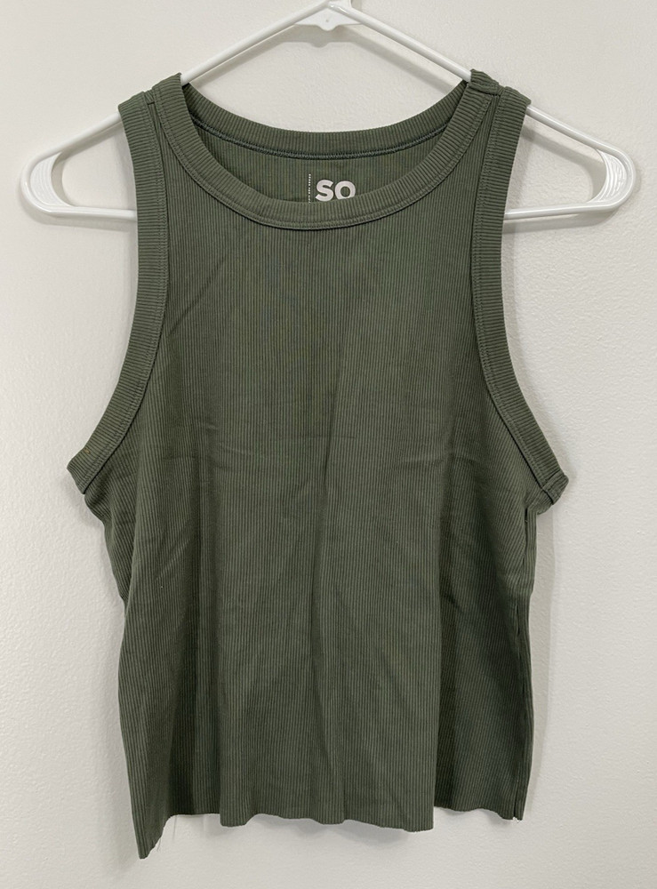 SO Women's Crop Tank Top Racerback Ribbed Solid Basic Green - Size Large