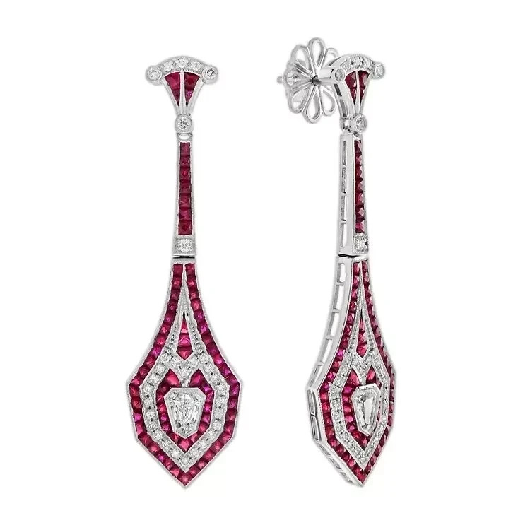 Art Deco Vintage 3.20CT Lab Created Diamond Ruby Dangle Earring 14K Gold Over