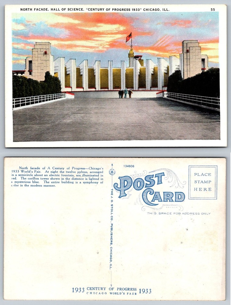 1933 Chicago World's Fair Hall of Science North Facade Postcard J.O. Stoll