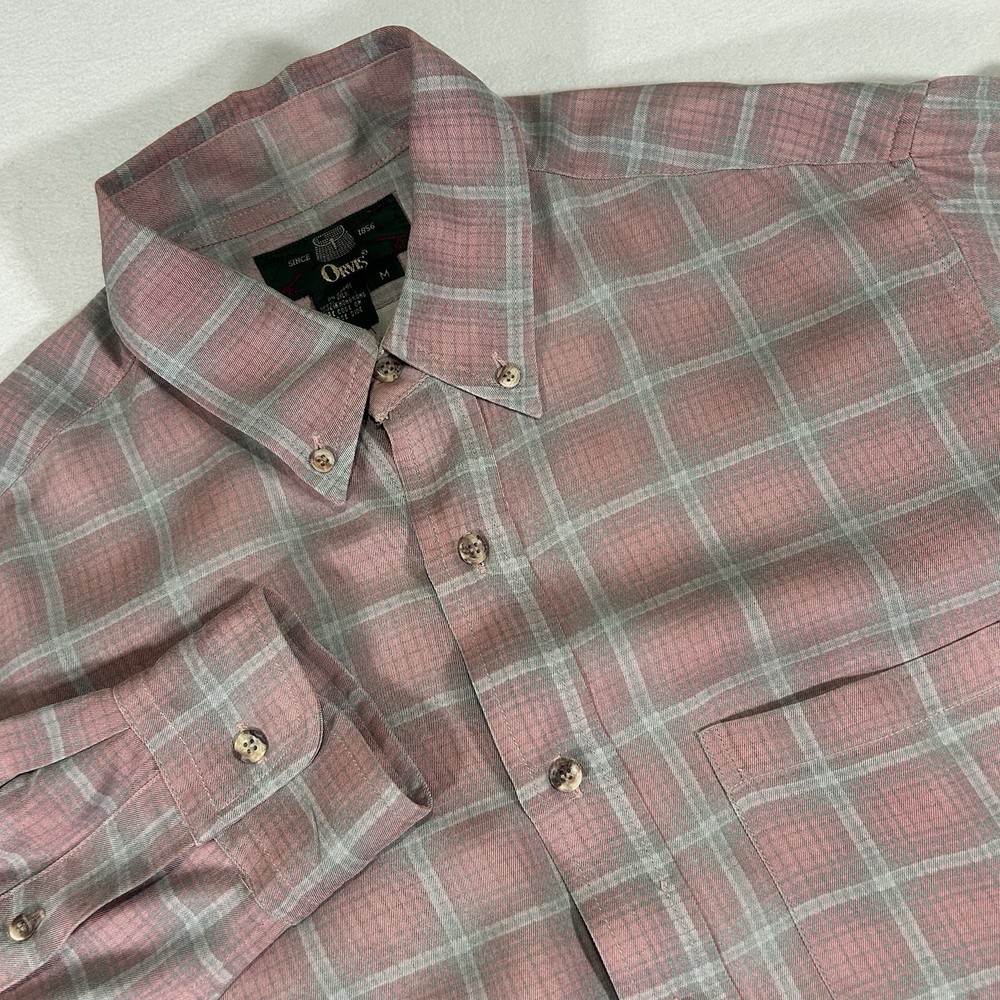 Orvis Men's Medium Pink Gray Plaid Silk Long Sleeve Button Up Fly Fishing Shirt