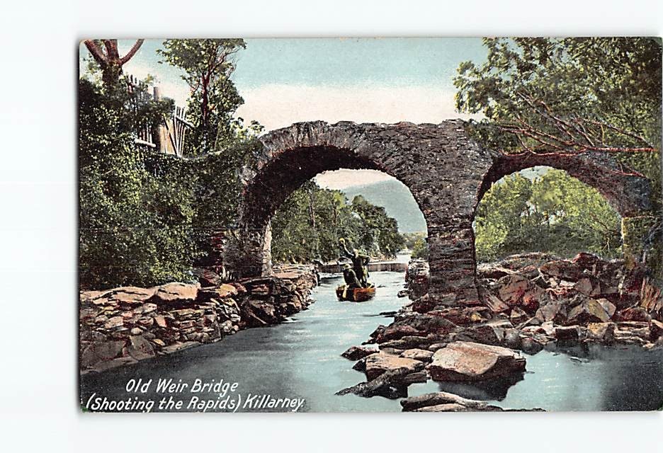 Postcard Old Weir Bridge Shooting the Rapids Killarney Ireland Stone Bridge Boat