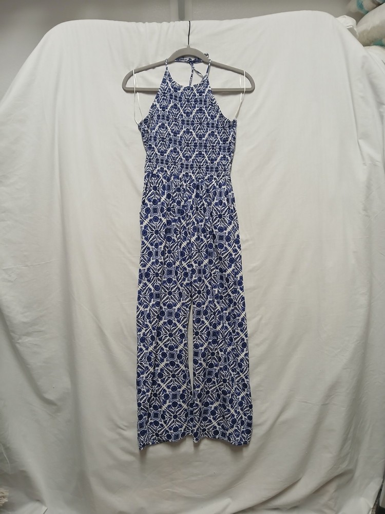 Blue Floral Jumpsuit M Wide Leg Boho Cottage Prairie Festival Fairy Beach Coast