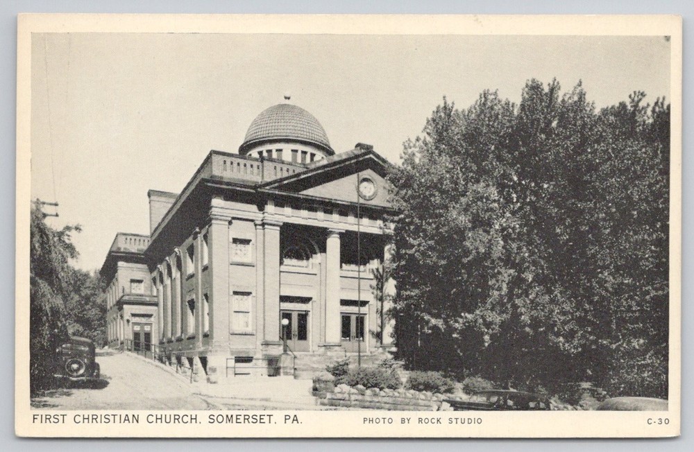Vintage First Christian Church Somerset PA Postcard 1930s Photo Print Car